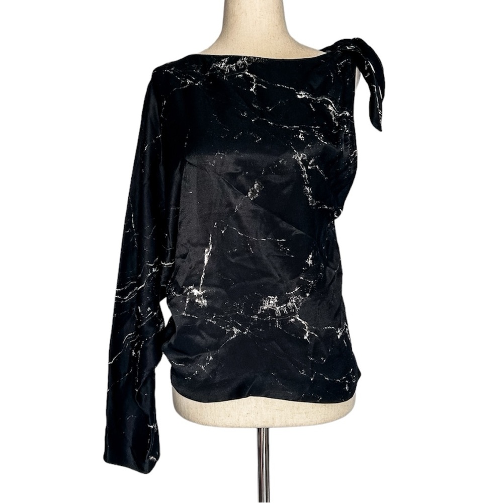 ZARA NWT Asymmetric One Shoulder Black and White Marbled Blouse with Tie